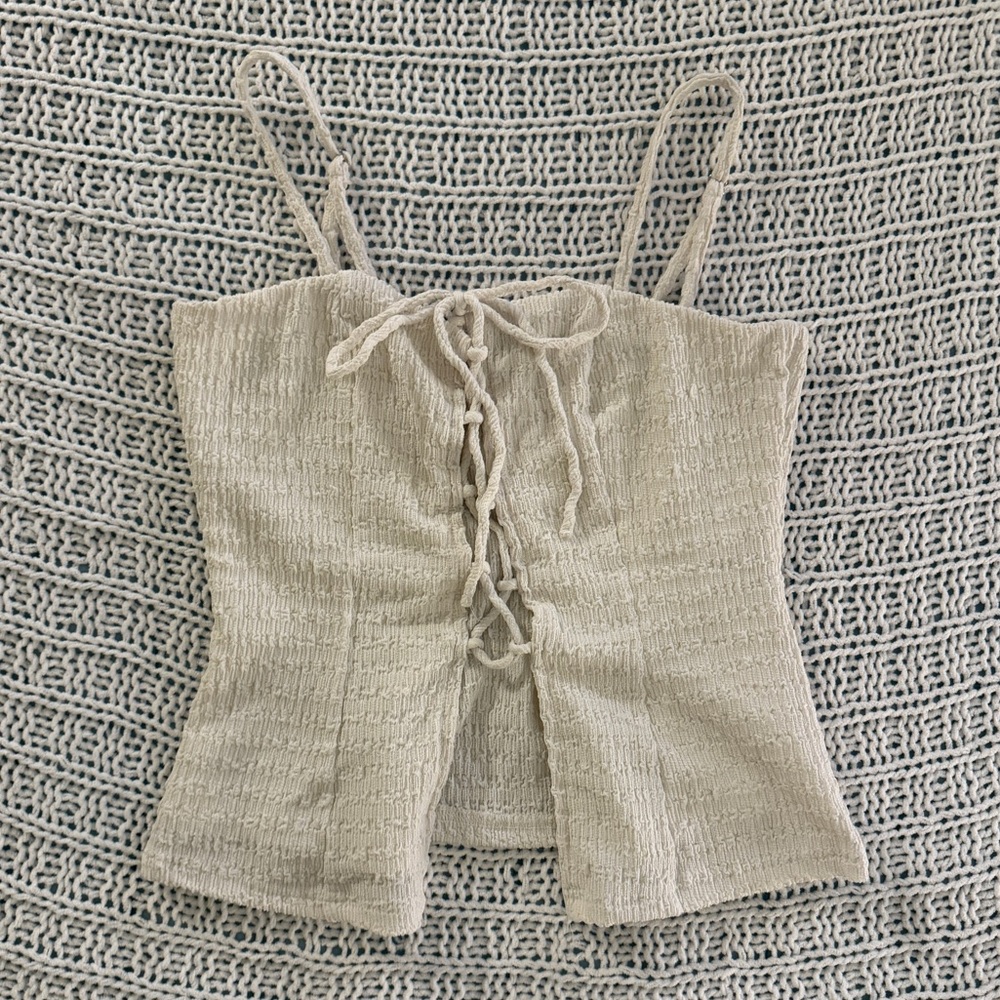 Windsor White Cream Ivory Boho Coquette Lace Up Crinkle Knit Top Size Small